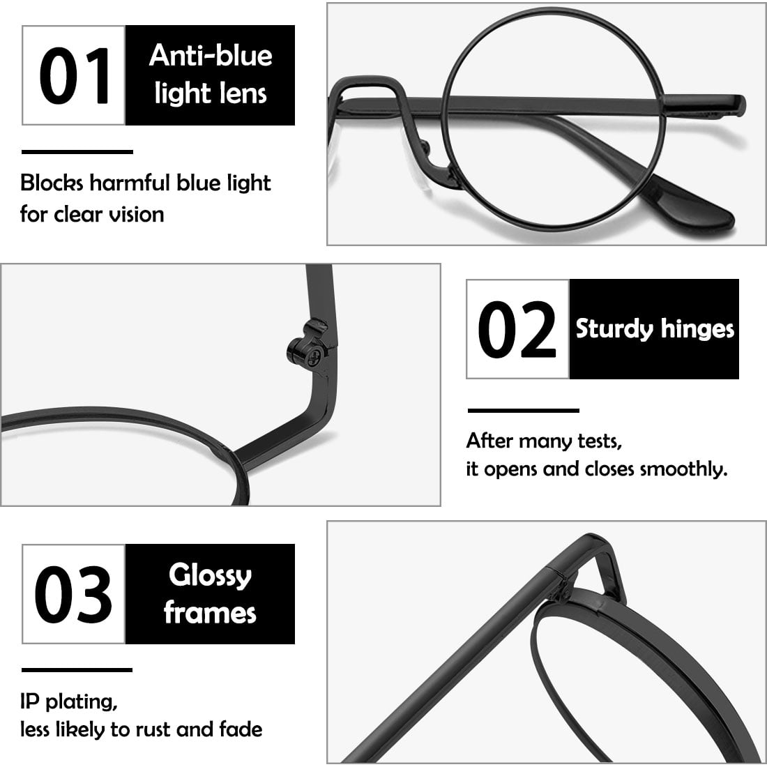 KOOSUFA Small Round Metal Reading Glasses 3.00 Blue Light Blocking Women Men Retro Eyeglasses Readers Eyewear Black