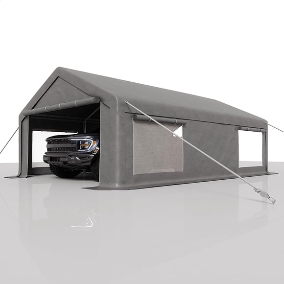Bingirl 10x20 Ft Carport Car Port with PE Tarp Roll-Up Doors and 4 Windows Gray