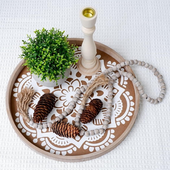 Wooden Round Decorative Tray, Floral Wood Trays for Home Decor, Rustic Wood Trays for Coffee Table, Farmhouse Tray, White Washed Centerpiece Tray for Boho Ottoman Kitchen Counter