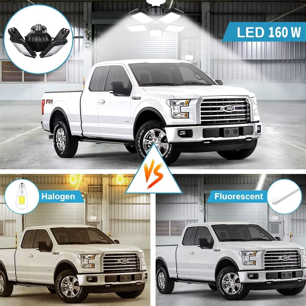 Deformable LED Garage Lights, 160W, 16000 Lumens, 5 Adjustable Panels, 2 Pack, Black