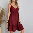 thumbnail image 5 of Dresses for Women 2025 Summer Saving, Ladies' Summer V-neck Strap Solid Color Dress(Wine,M), 5 of 9