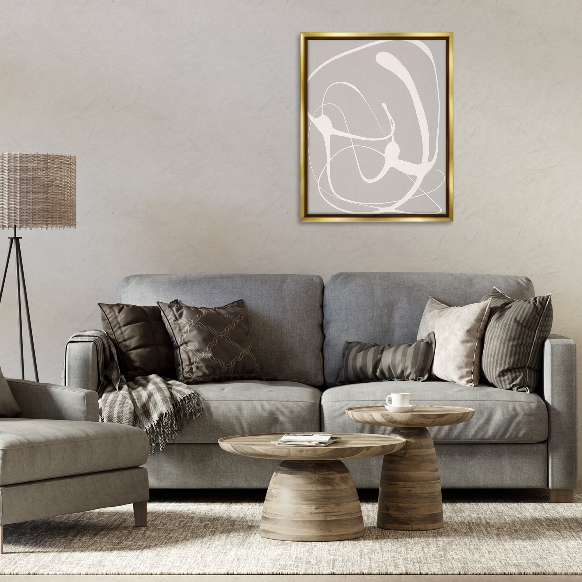 Stupell Industries Beige Very Abstract Figure Abstract Painting Gold Floater Framed Canvas Art Print Wall Art, 25 x 31