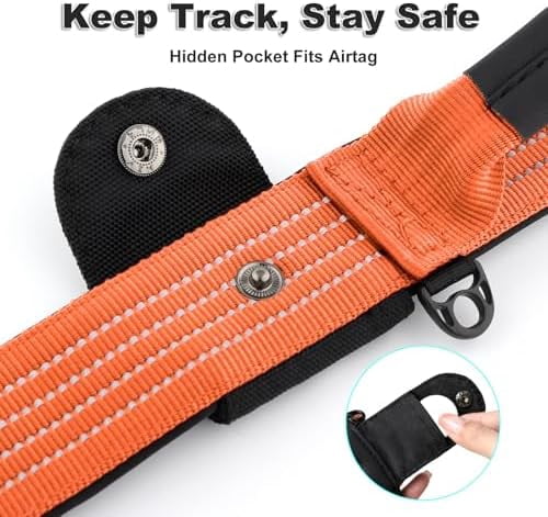 Tactical Dog Collar with Tracker Pocket for AirTag, Adjustable Reflective Nylon Collar, Metal Buckle, Leather-Wrapped Handle, Soft Padded for Medium Large Dogs (Orange, L)