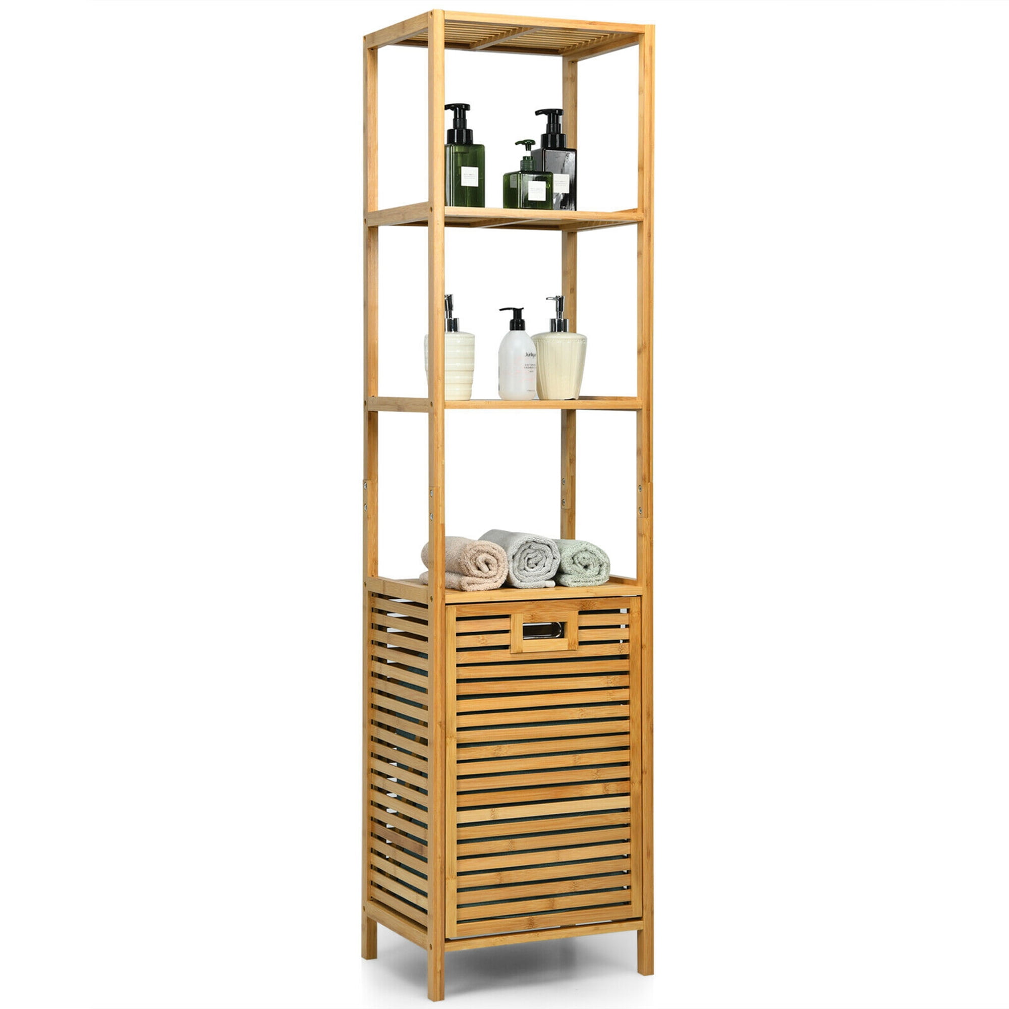 Gymax Bathroom Tiltout Laundry Hamper Bamboo Tower Hamper w/3Tier