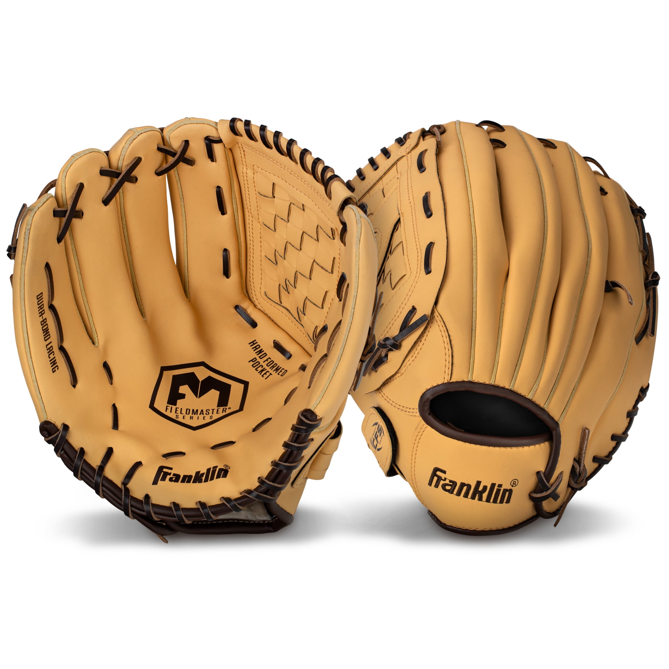 Franklin Sports Field Master Baseball + Softball Glove, 14 in, Camel Brown, Left Hand Throw