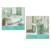 Lovely Light Teal-Blue and White Clawfoot Bathtub and Vanity Sink Set by Danhui Nai; Bathroom Decor; Two 12x12in Unframed Paper Posters