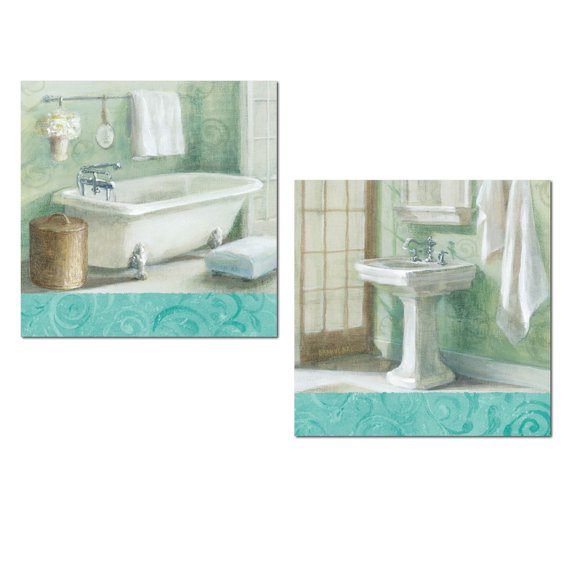 Lovely Light Teal-Blue and White Clawfoot Bathtub and Vanity Sink Set by Danhui Nai; Bathroom Decor; Two 12x12in Unframed Paper Posters