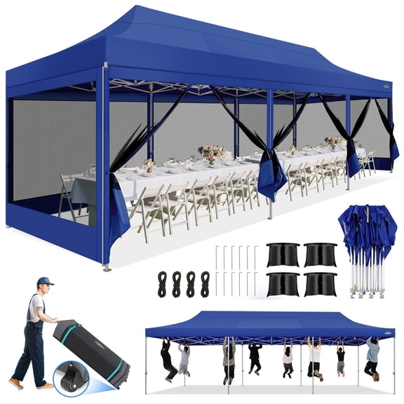 COBIZI 10x30 Canopy Tent, Heavy Duty Pop up Canopy with Sidewalls, Waterproof Easy Setup Canopy with Mosquito Netting, Outdoor Instant Screen Tents for Parties, Wedding with Roller Bag, Dark Blue