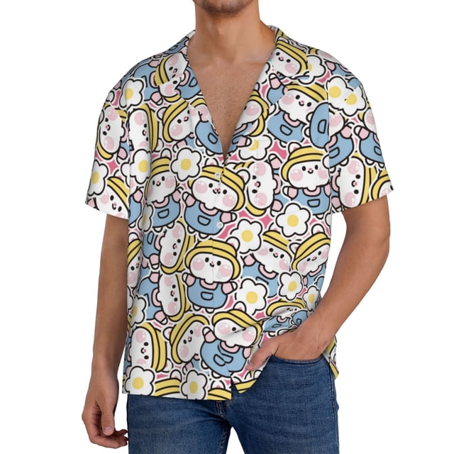 Balery Cute Rabbit Camisa Casual de Manga Corta con Botones para Hombre, Texturizada, Estilo Cubano, para Playa, Verano-X-Large