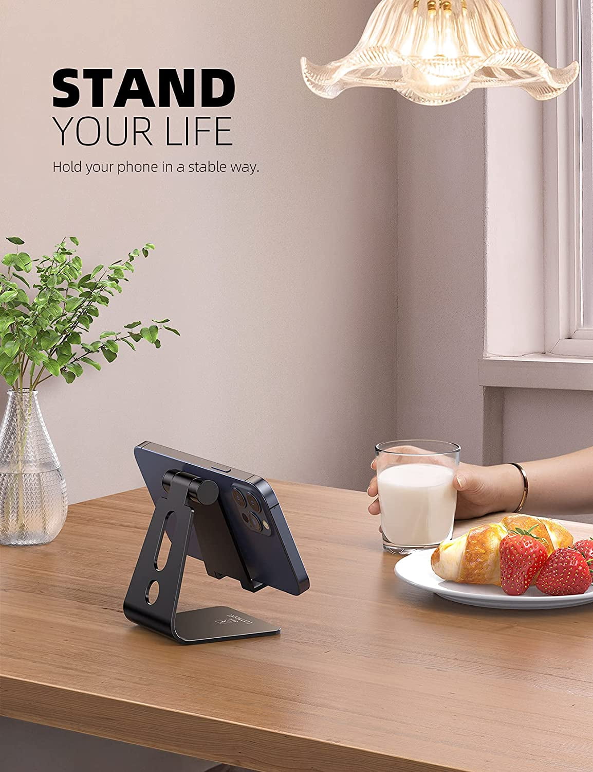 Adjustable Cell Phone Stand, Desk Holder, Cradle, Dock, Compatible with iPhone 17 16 15 14 Air Plus Pro Max 13 12 X XS, 4-8" Phones, Office Accessories Gifts, All Smartphone, Black