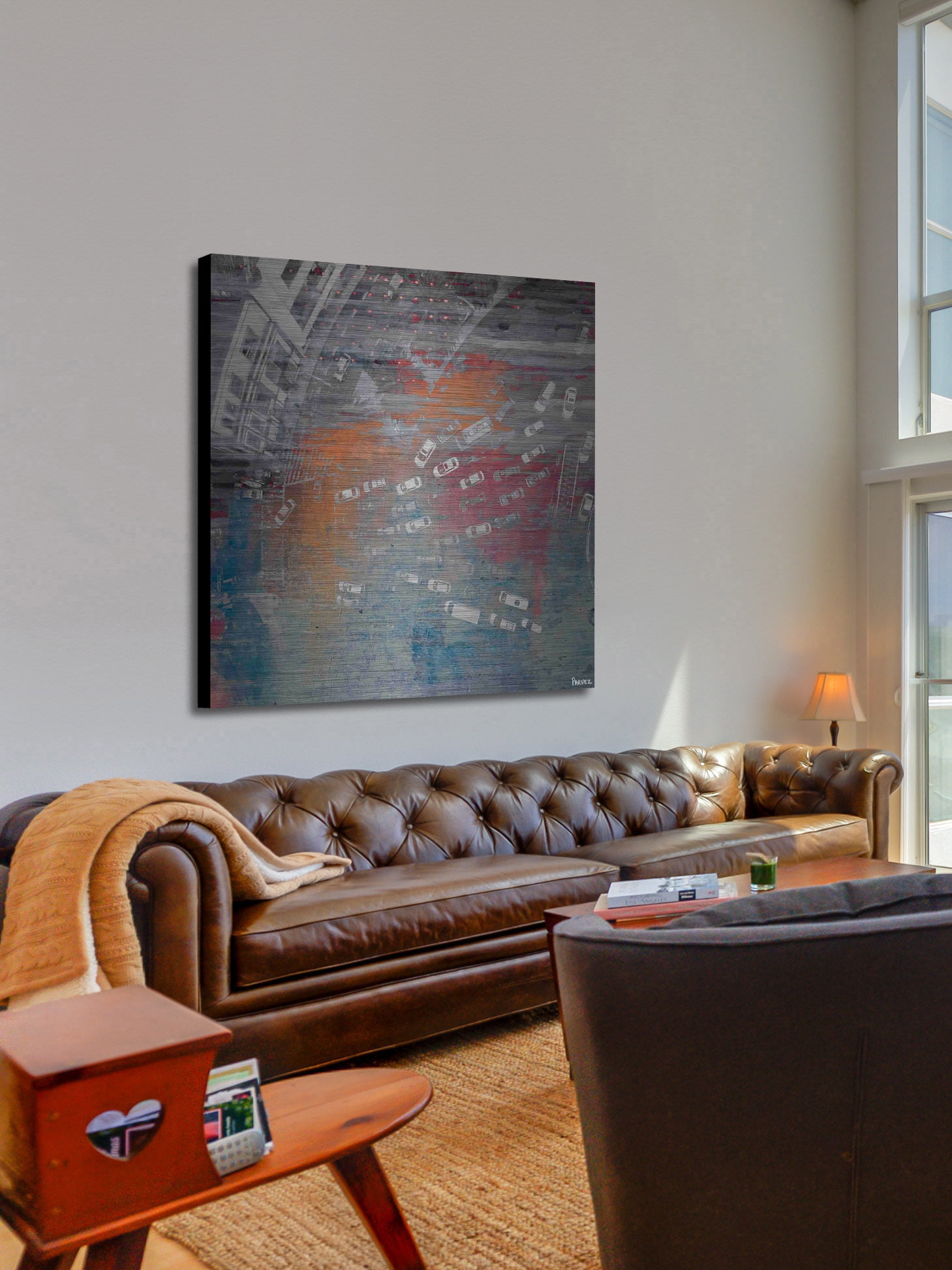 "White Car Jam" Painting Print on Brushed Aluminum