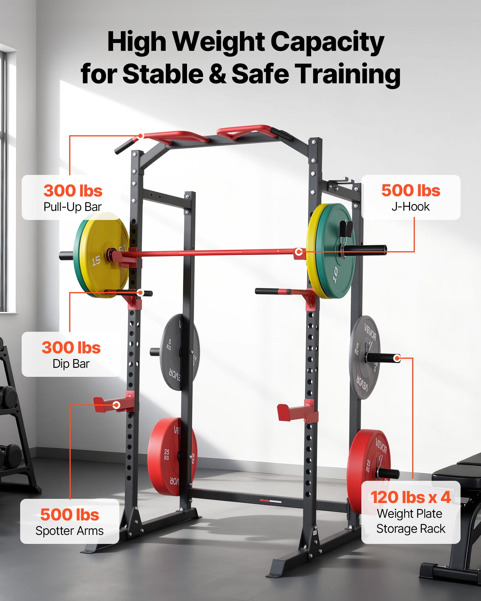 VEVOR Power Cage Power Rack, Multifunctional Barbell Squat Rack with Adjustable Height, Home Gym Strength Training Workout Equipment with J-Hooks & More Fitness Attachment