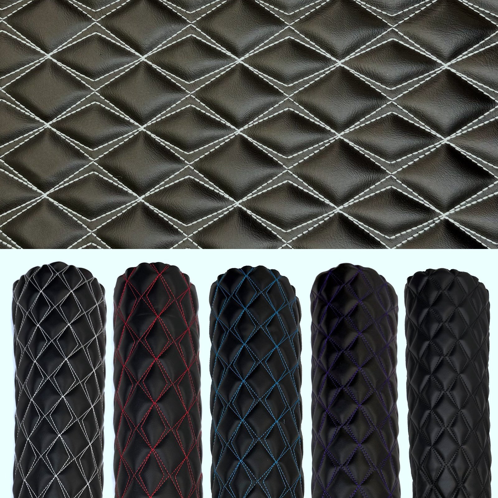 Vinyl Quilted Foam Padded Fabric W 3/8" Foam Backing Upholstery Car Headliner Vehicle & Motorcycle Seats Door Panels /58" W/ Continuous Yard (Black-Red Double Stitching, Diamond 2"X3")