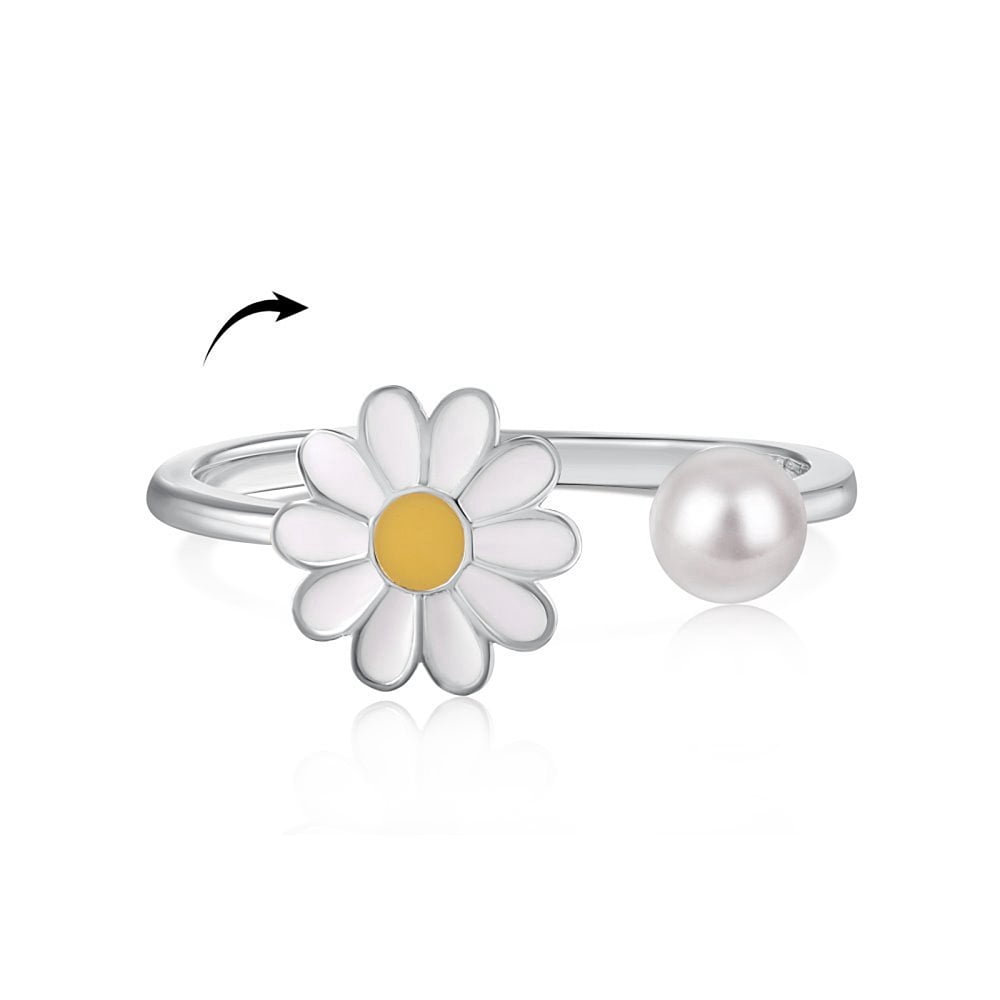 Rhodium Plated 925 Sterling Silver Open Finger Rings with Enamel & 925 Stamp for Women Daisy Flower Anxiety Worry Fidget Spinner Ring Real Platinum Plated 1.6mm Size 7(17.3mm)