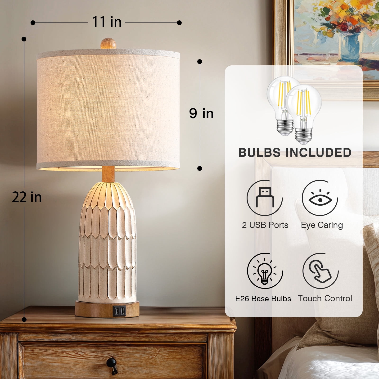 Lolikit Rustic 3 Way Dimmable Touch Table Lamps Set of 2 for Bedroom Living Room 22" Farmhouse Resin Nightstand Bedside Lamp with USB Ports
