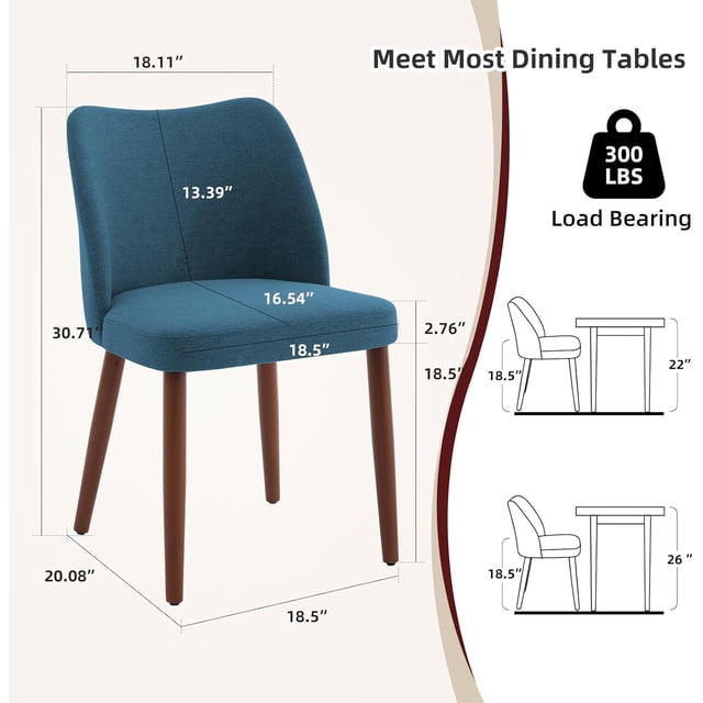 Historyli Sillas de comedor modernas (2 unidades), tapizadas en tela de lino con cojines gruesos y patas de madera para cocina, color azul.