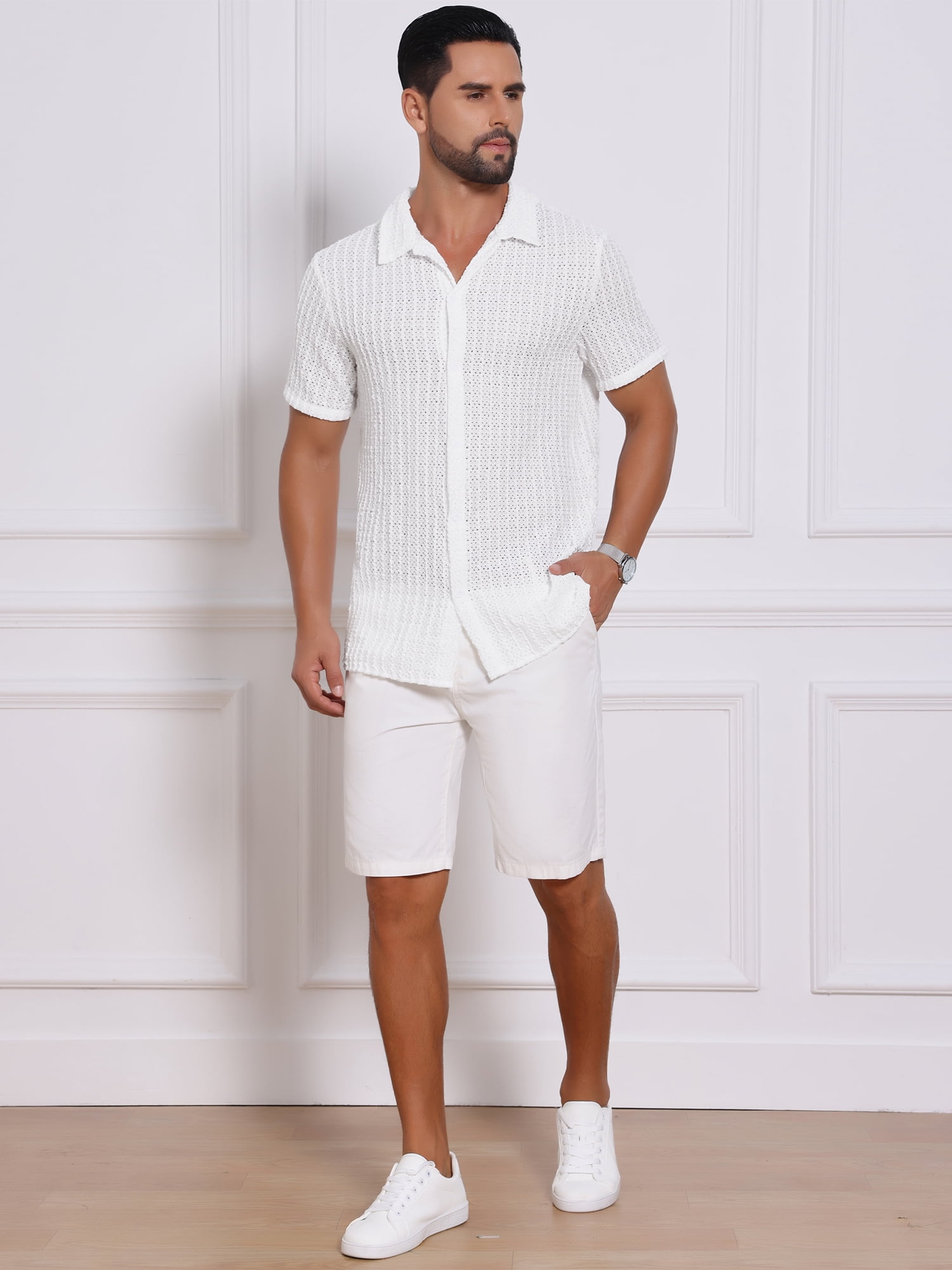 DARING DIVA Men's Casual Knitted Hollow Out Short Sleeve Shirt M White