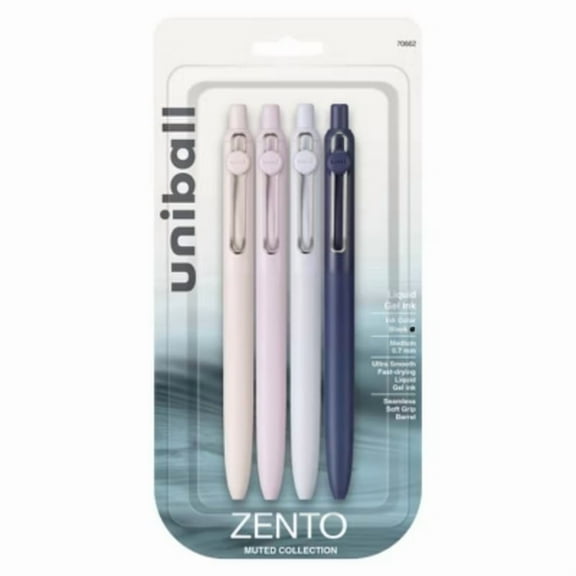 Zento uniball 4pk Gel Pen 0.7mm Medium Point Black Ink Muted Cool Barrel: Retractable Rollerball, Quick Drying, Stationery