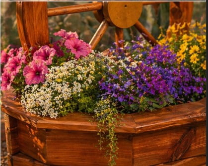 Rustic Cedar Wagon Wheel Planter – Eastern Red Cedar Farmhouse Garden Planter for Patio or Yard