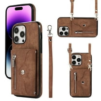 Wallet Case for Apple iPhone 16e, Crossbody Shoulder Strap Hand Wrist Cards Holder Zipper Cash Pocket Stand Feature Shockproof Bumper Phone Case for Apple iPhone 16e, Brown