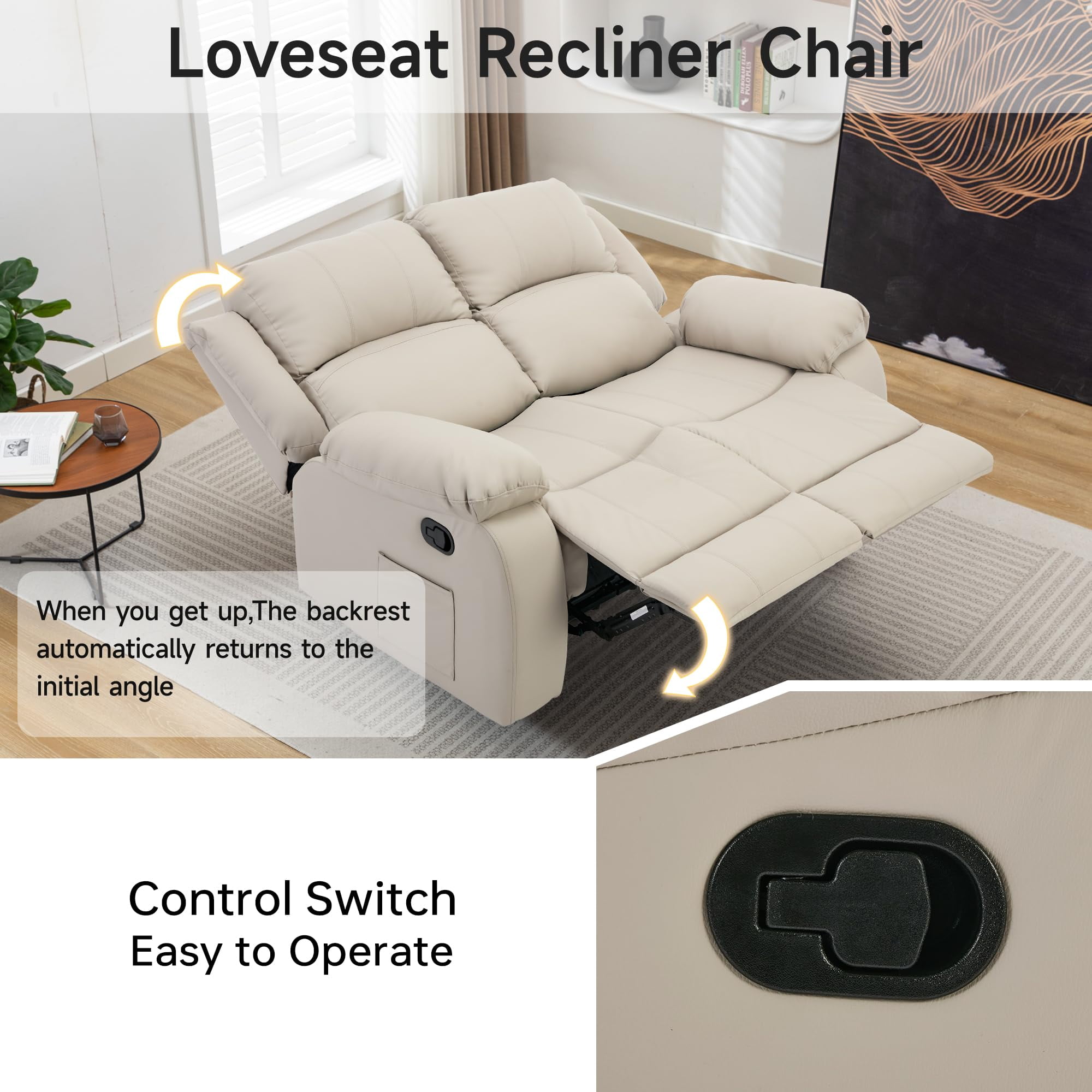 Comfortable Dual Reclining Leather Loveseat – Perfect for Couples, Ideal for Living Room & Home Theater (Beige)