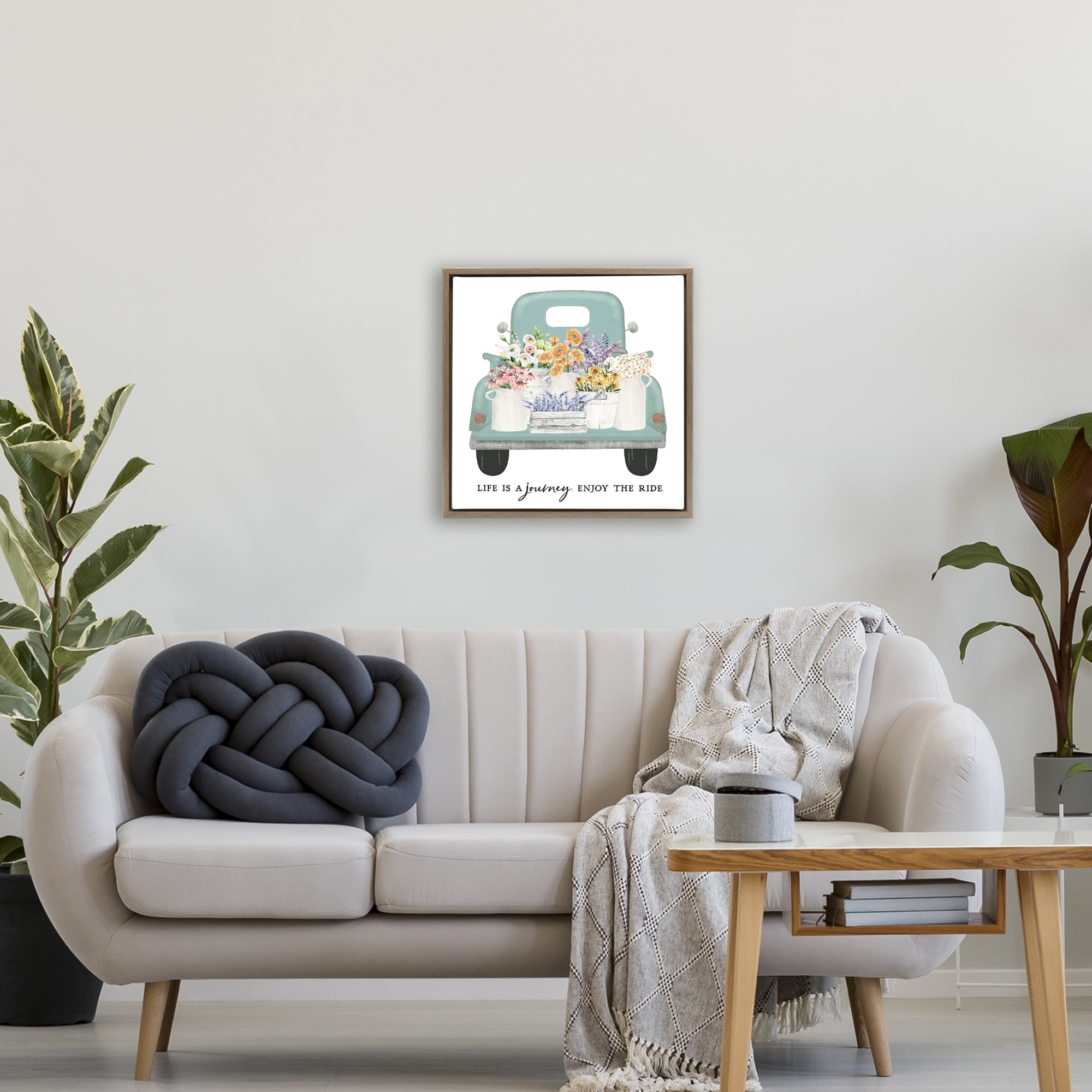 Enjoy Ride Floral Truck Brown Framed Floater Canvas Wall Art, design by Lettered and Lined