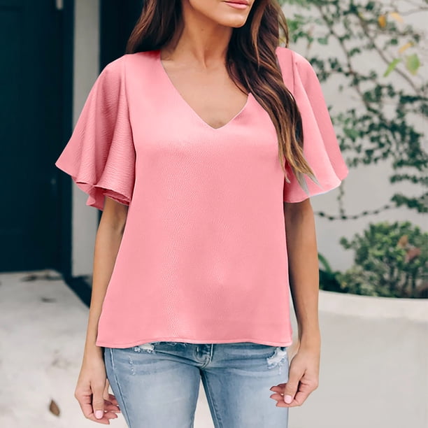 Puntoco moda mujer verano cuello pico manga corta sólido casual camisa blusa Puntoco Puntoco-5305