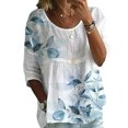 thumbnail image 1 of Fashnice T-shirt pour Femmes Col Rond T-shirt Imprimé Floral Hauts d'Été Tunique de Plage Décontractée Blouse Blanche Bleue 4TG, 1 of 2