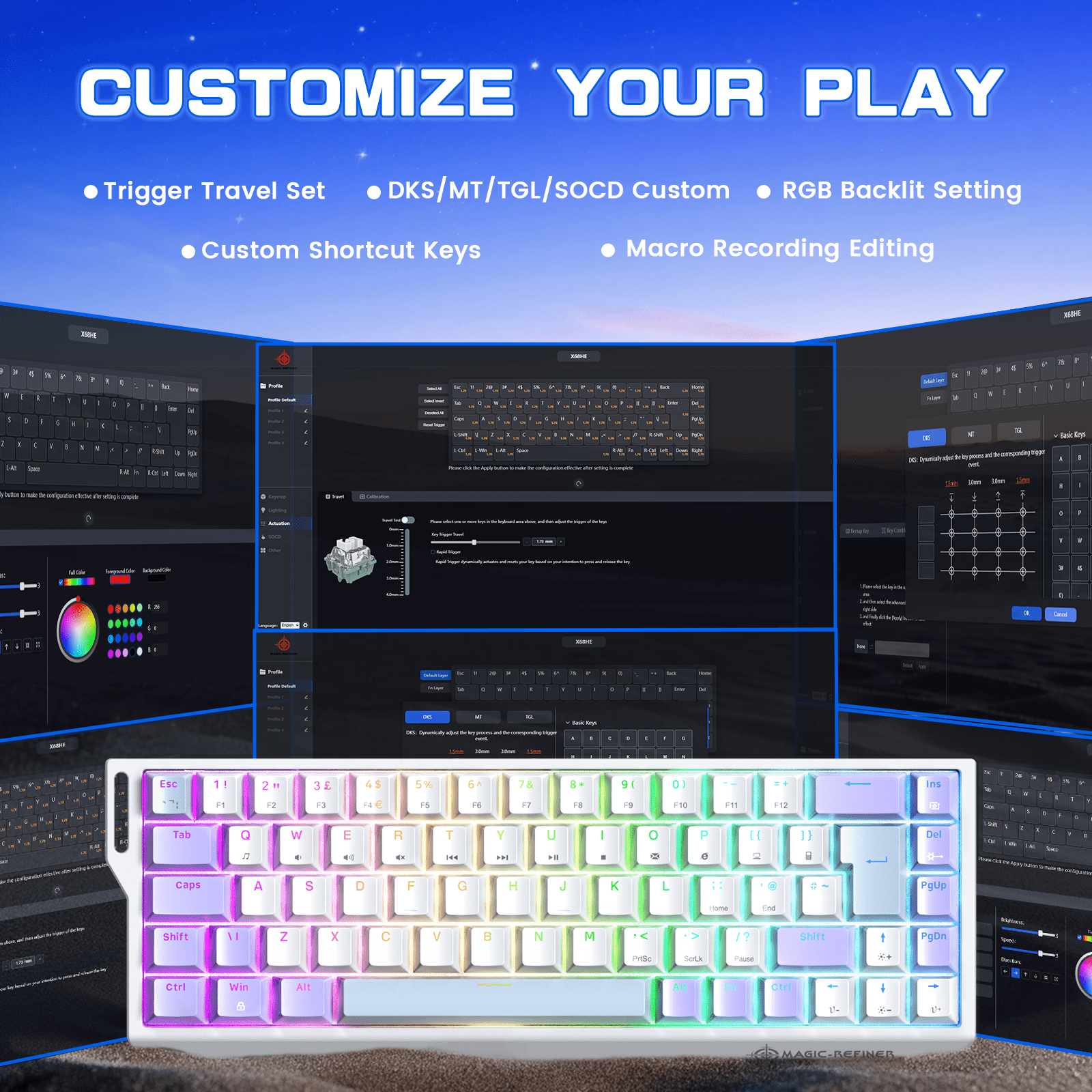 MAGIC-REFINER X68 HE Wired 60% Hall Effect Rapid Trigger Mechanical RGB Gaming Keyboard with 8K Polling,0.04mm RT Accuracy,Magnetic Switch,Adjustable Actuation,Snap Tap for PC Mac Esport Gamer(White)