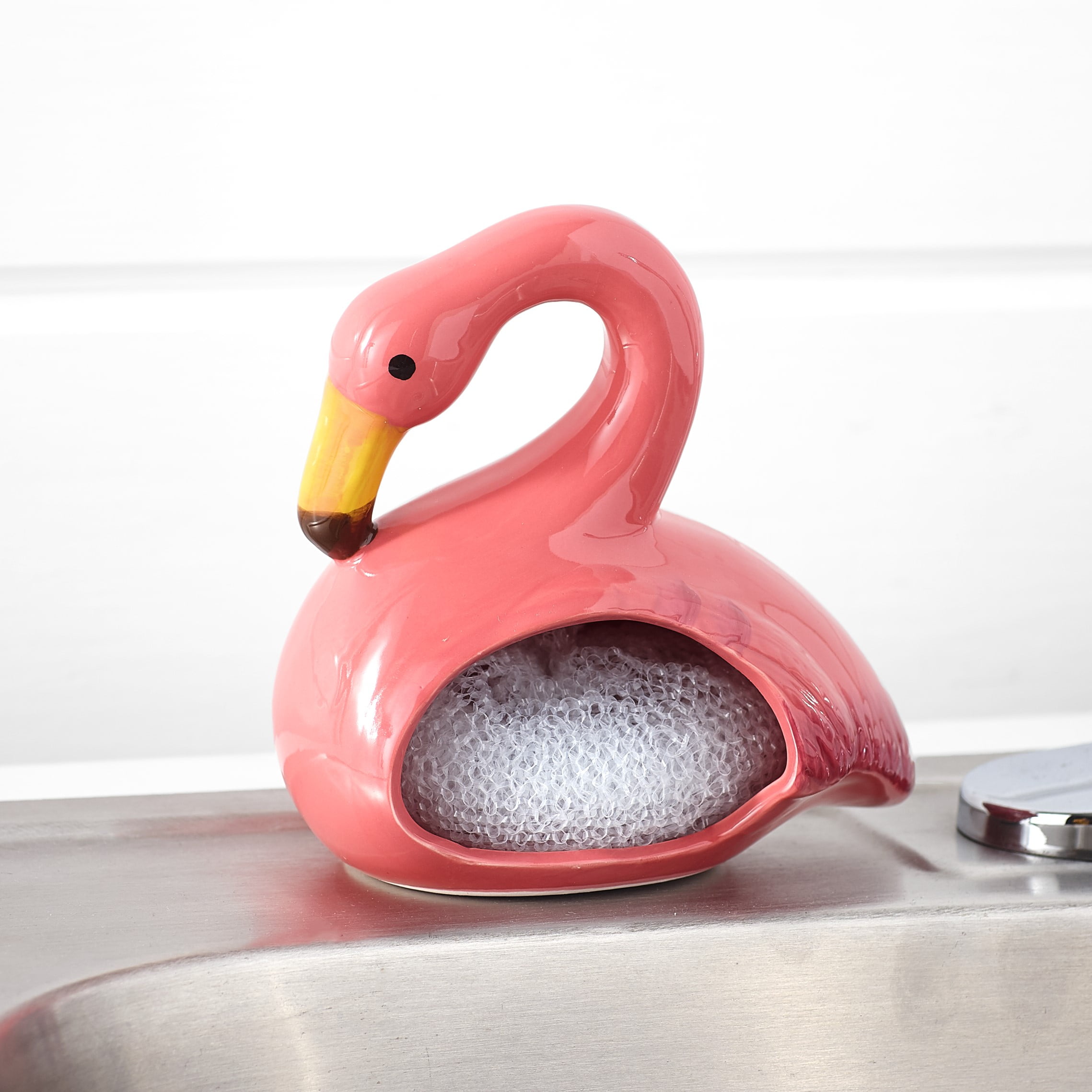 Home Essentials Kitchen Sponge Holder with Scrub Pad 2 Pieces Flamingo