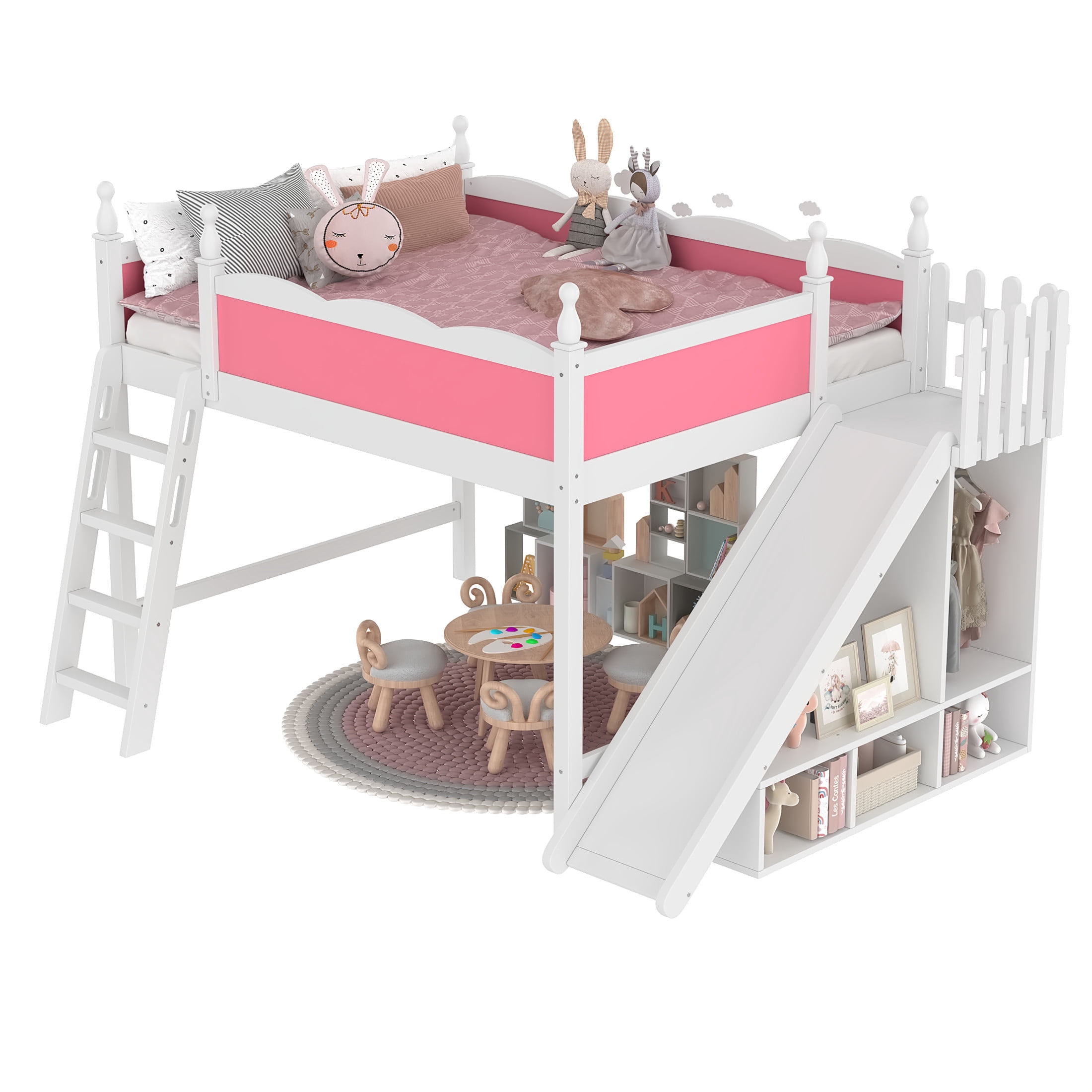 Noble House Queen Loft Bed with Storage Shelves, Detachable Slide and Ladder, White + Pink