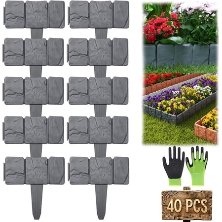 Imitation Stone Garden Fence – DIY Garden Edging Borde, Garden Edging Border No Dig, Faux Stone Edging for Landscaping, 4 in Tall-Plastic Stone Effect for Outdoor Garden Landscaping (Grey, 40Pcs)