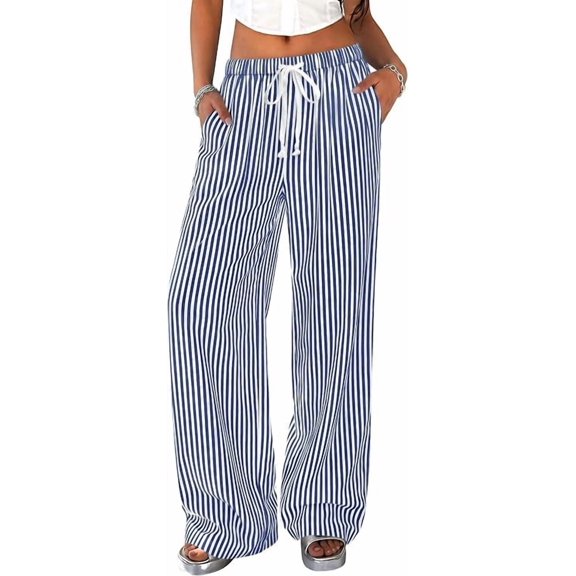 PRETTYGARDEN Striped Wide Leg Pants Women Loungewear with Pocket Baggy Palazzo with Drawstring, Regular Elastic Waist Bottom, Casual Outfits for School, Beach Vacation & Travel