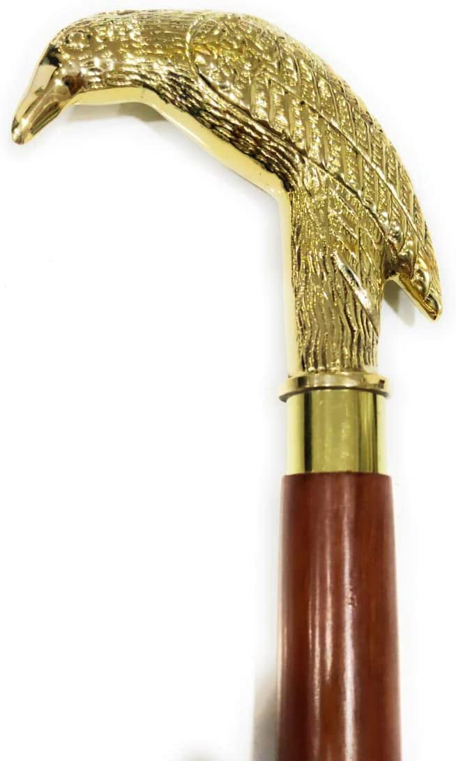 Antique Brass Raven Handle Designer Style Wooden Walking Stick Vintage Cane Gift 