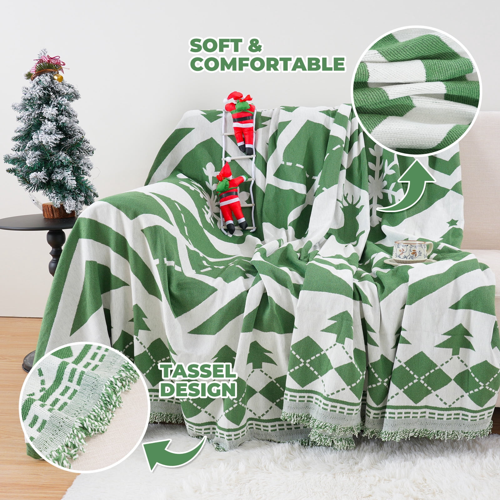 Sanmadrola Boho Sofa Cover Chenille Couch Covers Blanket Furniture Protector for Sectional Sofa, Anti Slip Couch Covers for 2 Cushion Couch, Washable Slipcover for Dog (Xmas Green, 71"x102")