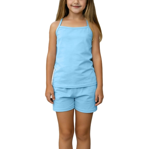 Girls' Sleepwear Set, 2-Piece Play Clothes & Lounge Short Set with Cami Top, 100% Cotton, Light Blue for Kids Little Girl,Size 7-10T