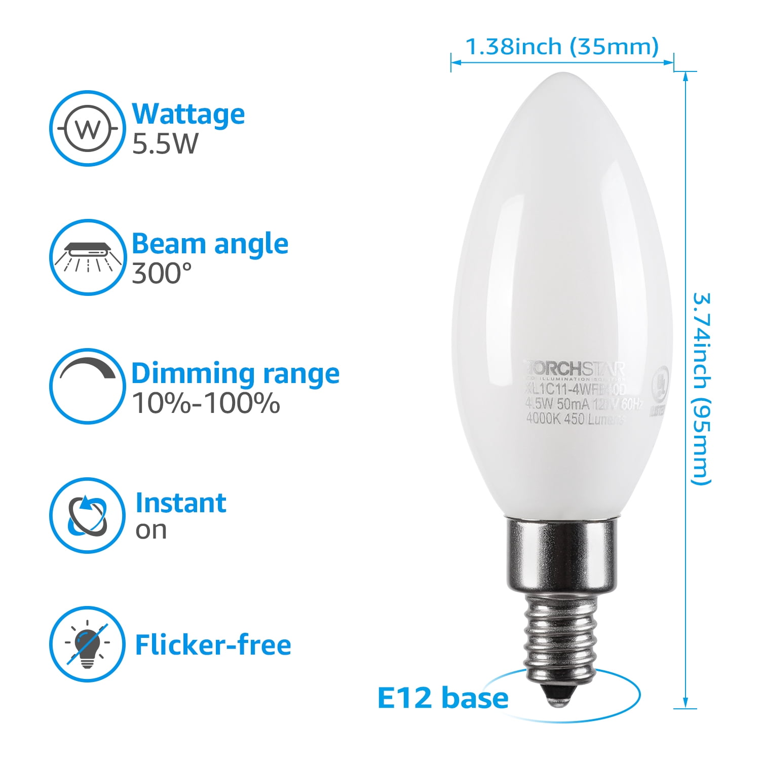 TORCHSTAR Dimmable E12 LED Candelabra Bulb, UL Listed, 60W Equivalent Chandelier Light Bulbs, 550LM, LED Filament Candle Bulb C11, Frosted Glass Ceiling Fan Light Bulbs, 4000K Cool White