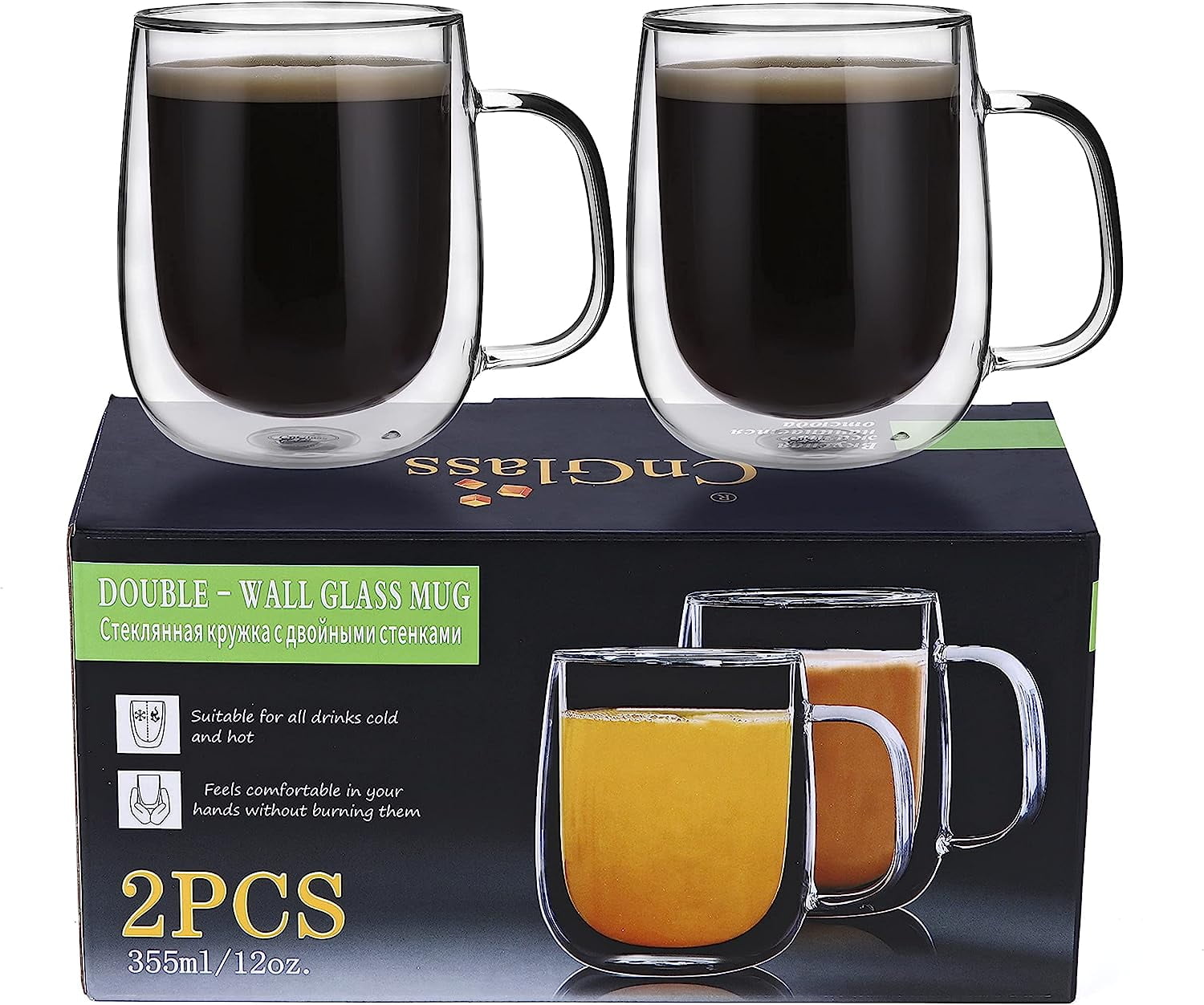 CnGlass Glass Coffee Mugs 12oz, Double Wall Insulated Mug Set with Handle, Clear Glass Cappuccino Mugs for Hot and Cold Beverages, Set of 2