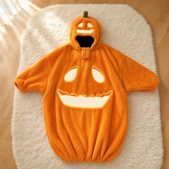 Cute Halloween Costume Pajamas for Party Sleep Home, Cozy Pumpkin Onesie with Glowing Face Print, Pumpkin Halloween Costume for Kids Adults Family