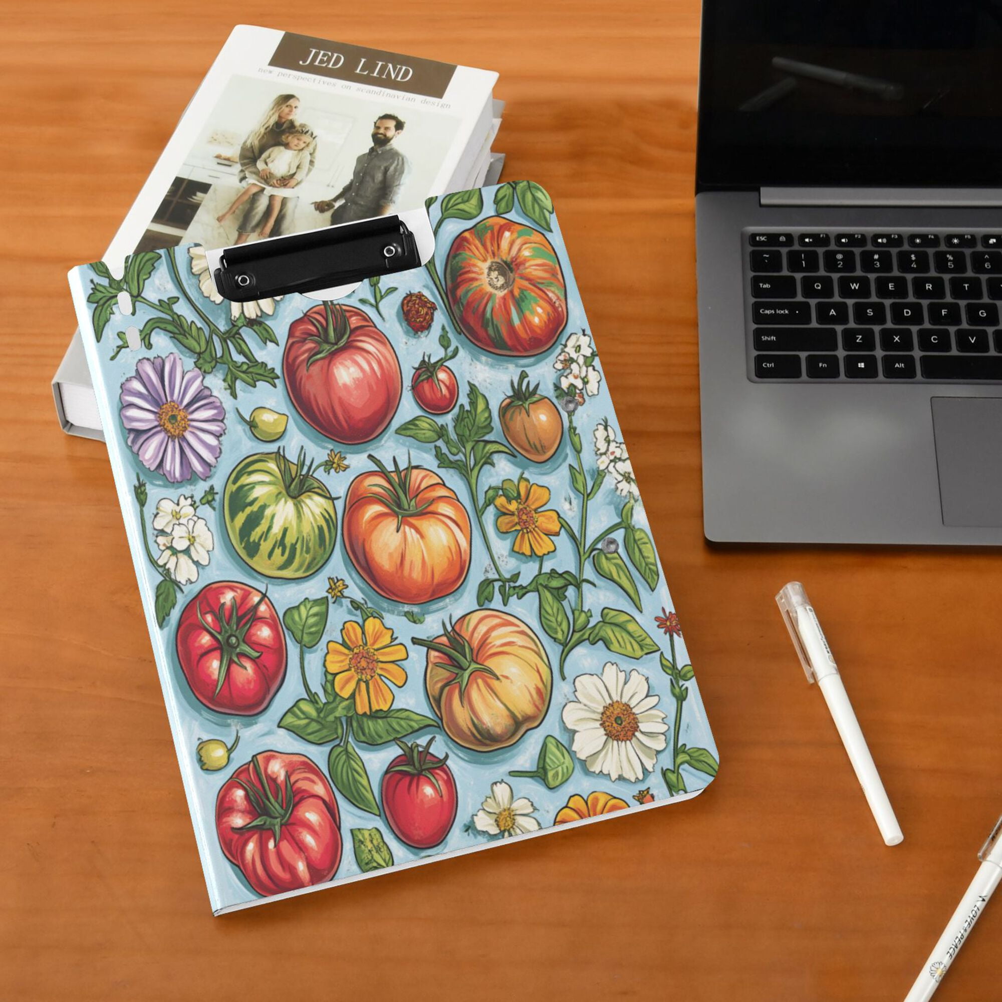 FORMRS A4 Clipboard Folder with Pen Holder Horizontal Foldable School Office Binder, Floral Tomatoes
