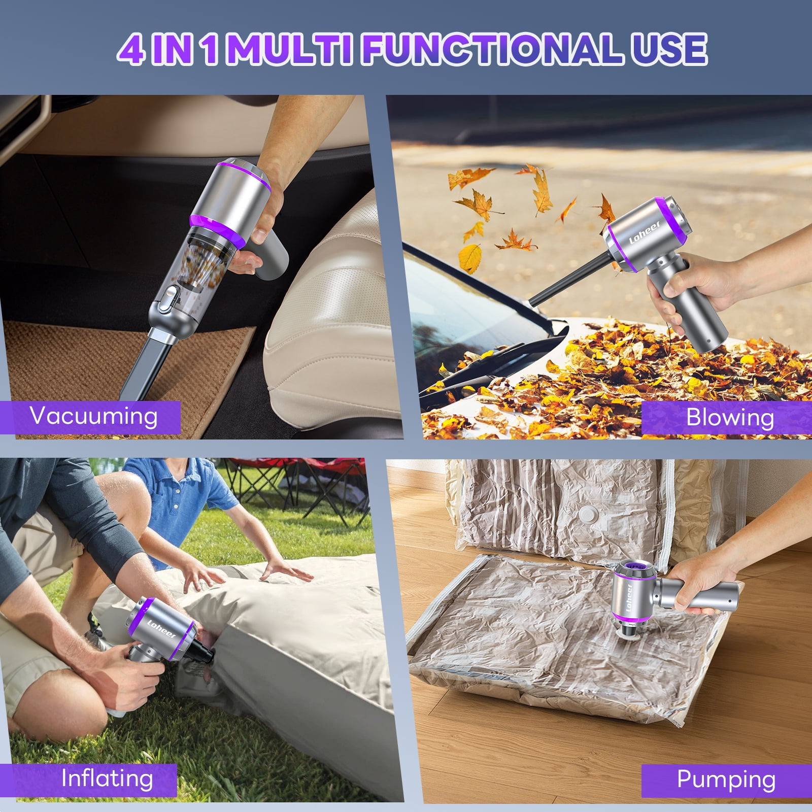 Car Vacuum Cleaner Portable Cordless with Brushless Motor, 15000PA High Power Handheld Vacuum, 4-in-1 Compressed Air Duster for Home Pet Hair, Purple