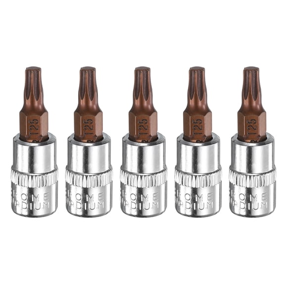 Uxcell 5pcs T25 Torx Bit Socket 1/4" Square Drive Star 6 Point Extension Impact Bit Power Nut Driver Set S2 & CR-V Steel Socket Ratchet Wrench Bits, Silver Red