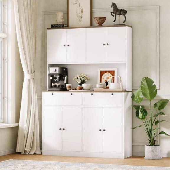 71" Tall Kitchen Pantry Storage Cabinet, Kitchen Hutch with Microwave Stand & Countertop, Large Food Pantry Cabinet with 2 Drawers and 8 Doors