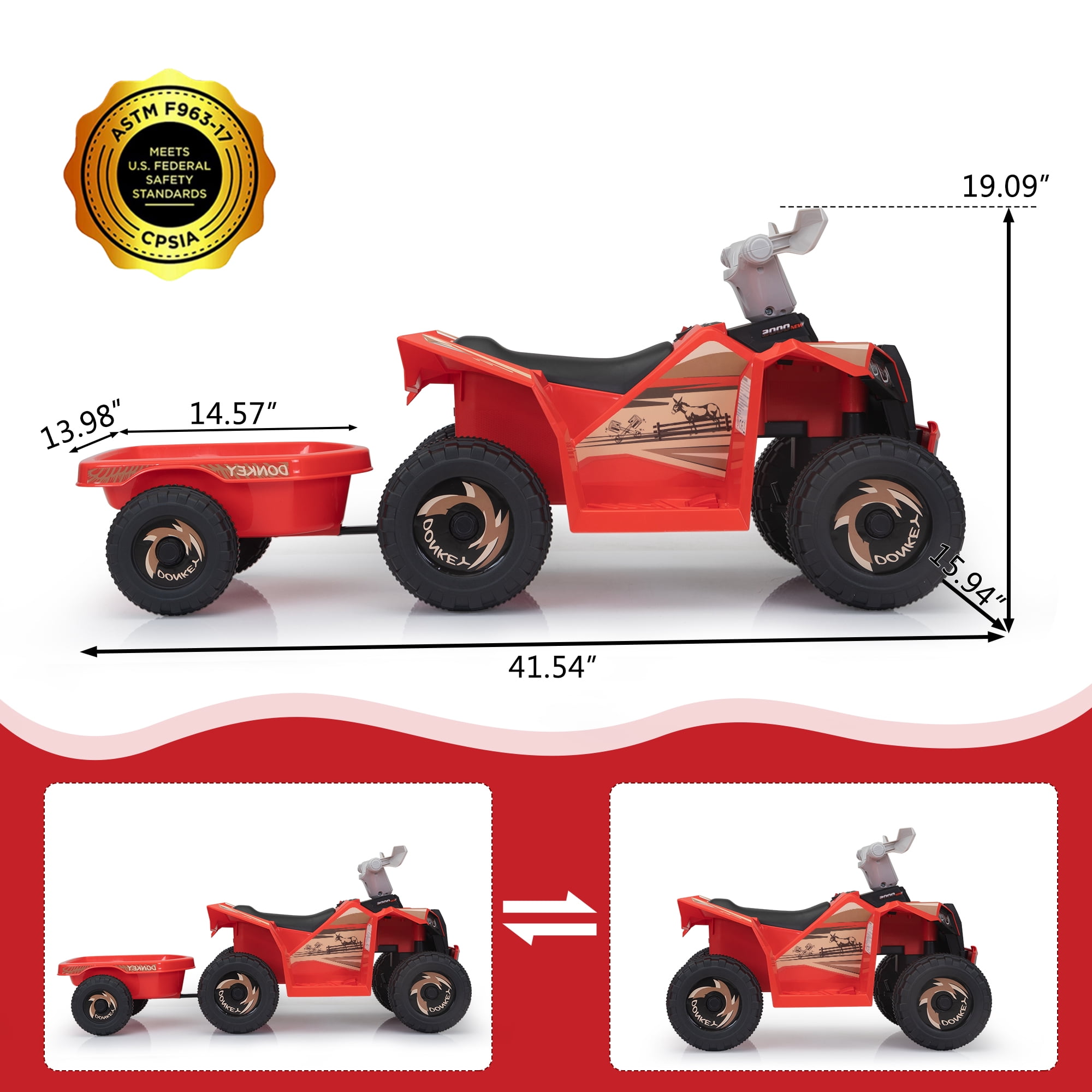 TOBBI 6V Kids Ride on ATV Quad Battery Powered 4-Wheeler Toddlers Toy Car W/ Trailer Bluetooth MP3 Horn, Red
