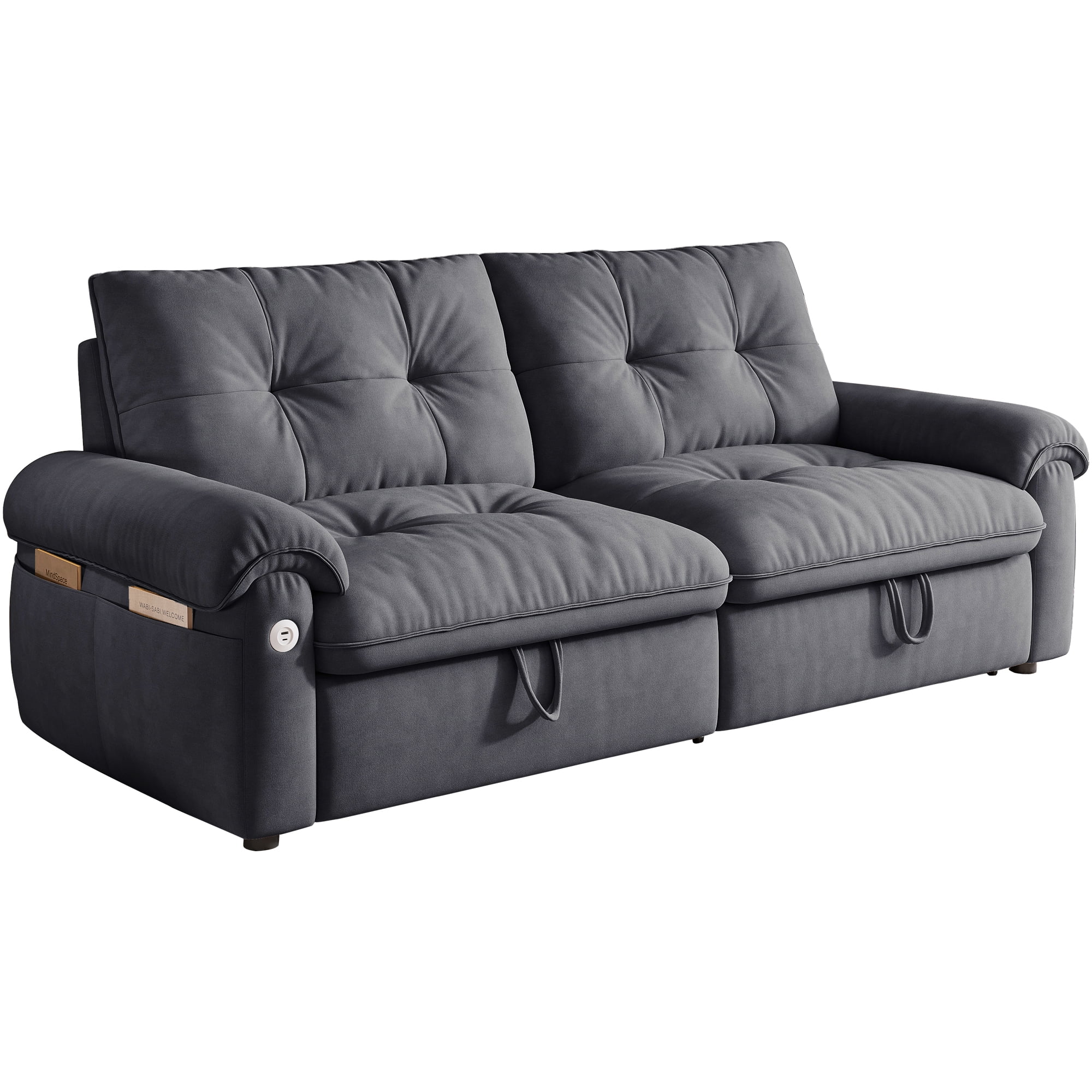 AISWORD 77"W Convertible Sleeper Sofa Bed,Velvet Pull-Out Loveseat Sofa Couch with USB Charging Port & Side Pockets,Modern Living Room Furniture for Small Spaces,Grey
