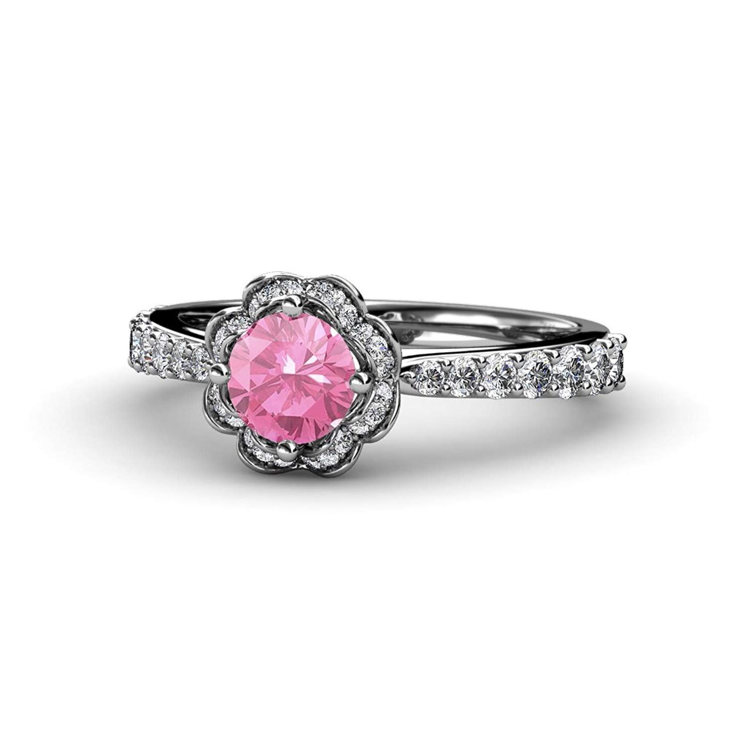 Pink Tourmaline & Diamond (SI2-I1, G-H) Floral Halo Engagement Ring 1.38 ct tw in 14K White Gold.size 6.0 by TriJewels