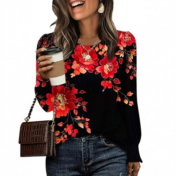 HOMBOM Black T-Shirts for Women Floral Crew Neck Tops Relaxed Fit Puff Sleeve Trendy Ladies Long Sleeve
