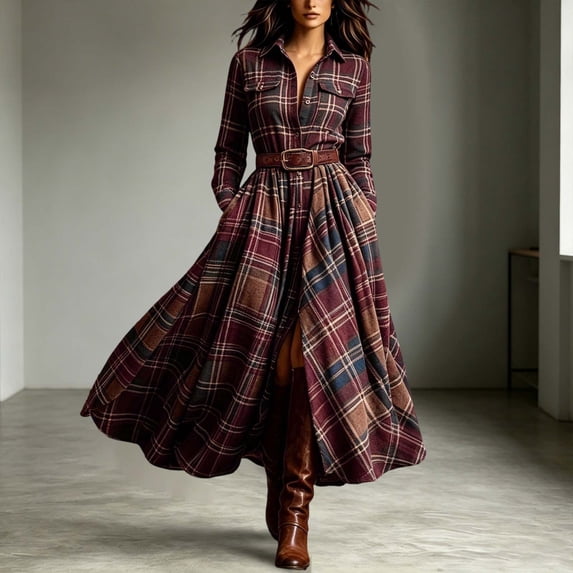 BRGZLK Maxi Dresses for Women Fall Winter Retro Lapel Button Down Long Sleeves Plaid Maxi Shirt Dress A-Line Flowy Casual Dress with Pockets & Belt Red L