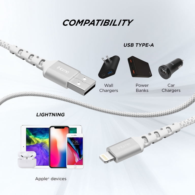iHome 6ft Fabric Braided Lightning Cable, White photo 3