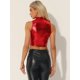 thumbnail image 4 of Top corto metálico Allegra K mujer cuello falso cremallera frontal sin mangas Holográfico Rojo M, 4 of 6